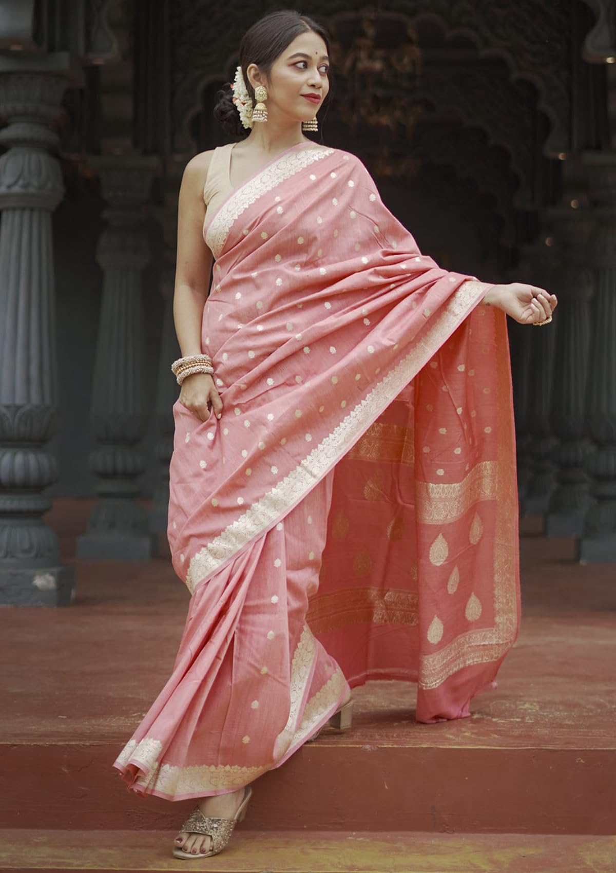 Sugathari Women's Peach Banarasi Kanchipuram Art Silk Saree for Women – Traditional Wedding & Party Saree with Blouse Piece – Ethnic Indian Silk Saree for Bridal, Festive & Gifting (UM-260-Peach) - Image 4