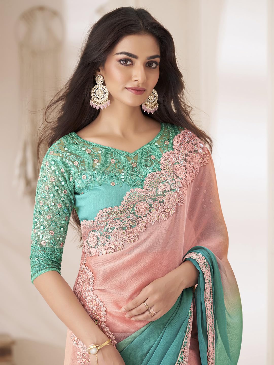 AKHILAM Women's Peach Pure Chiffon Embellished Saree With Unstitched Blouse (SNDLWOD1311_TFH) - Image 7