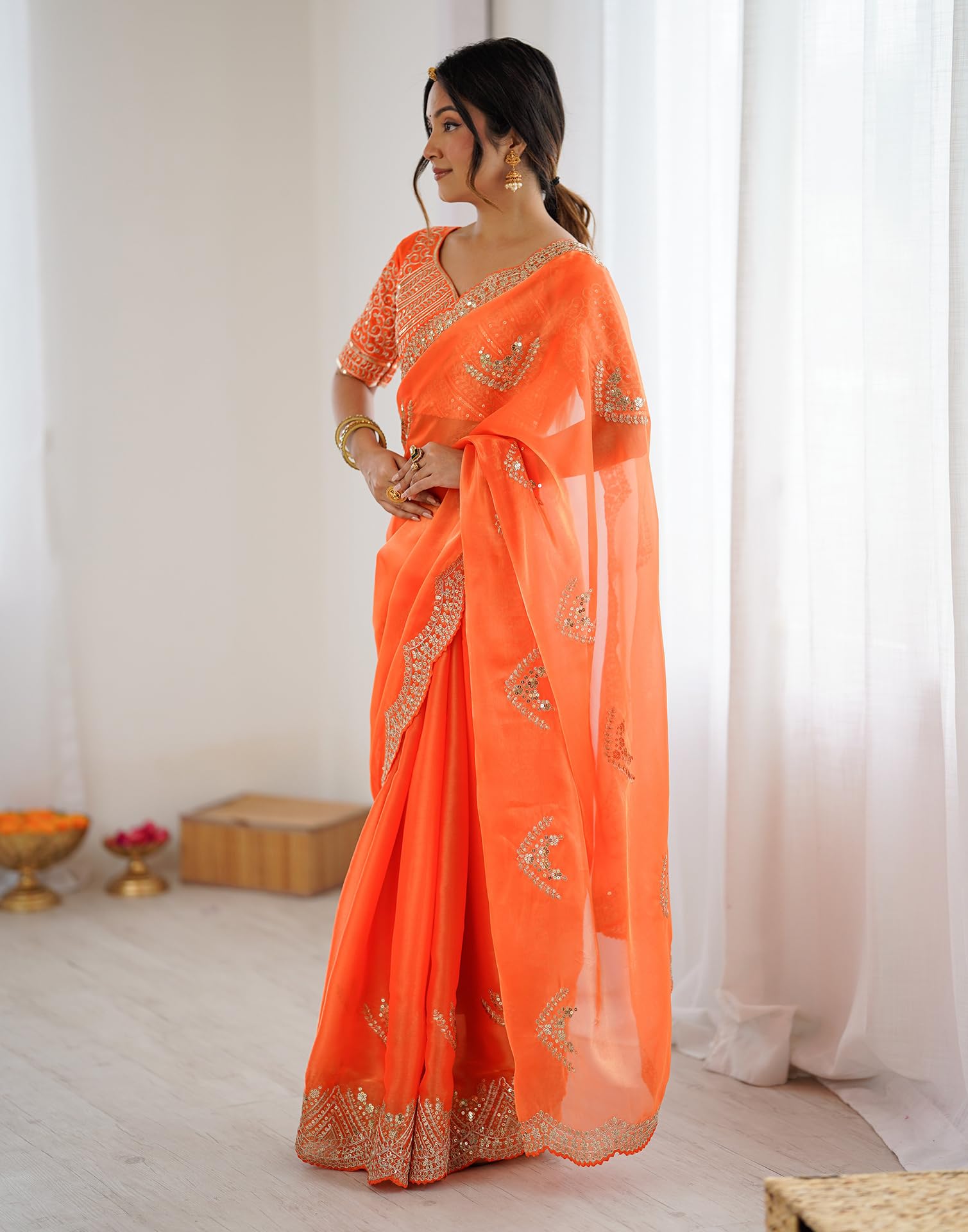SIRIL Women's Tissue Soft Silk Embroidered Saree With Unstitched Blouse (4218S6640_Orange) - Image 6
