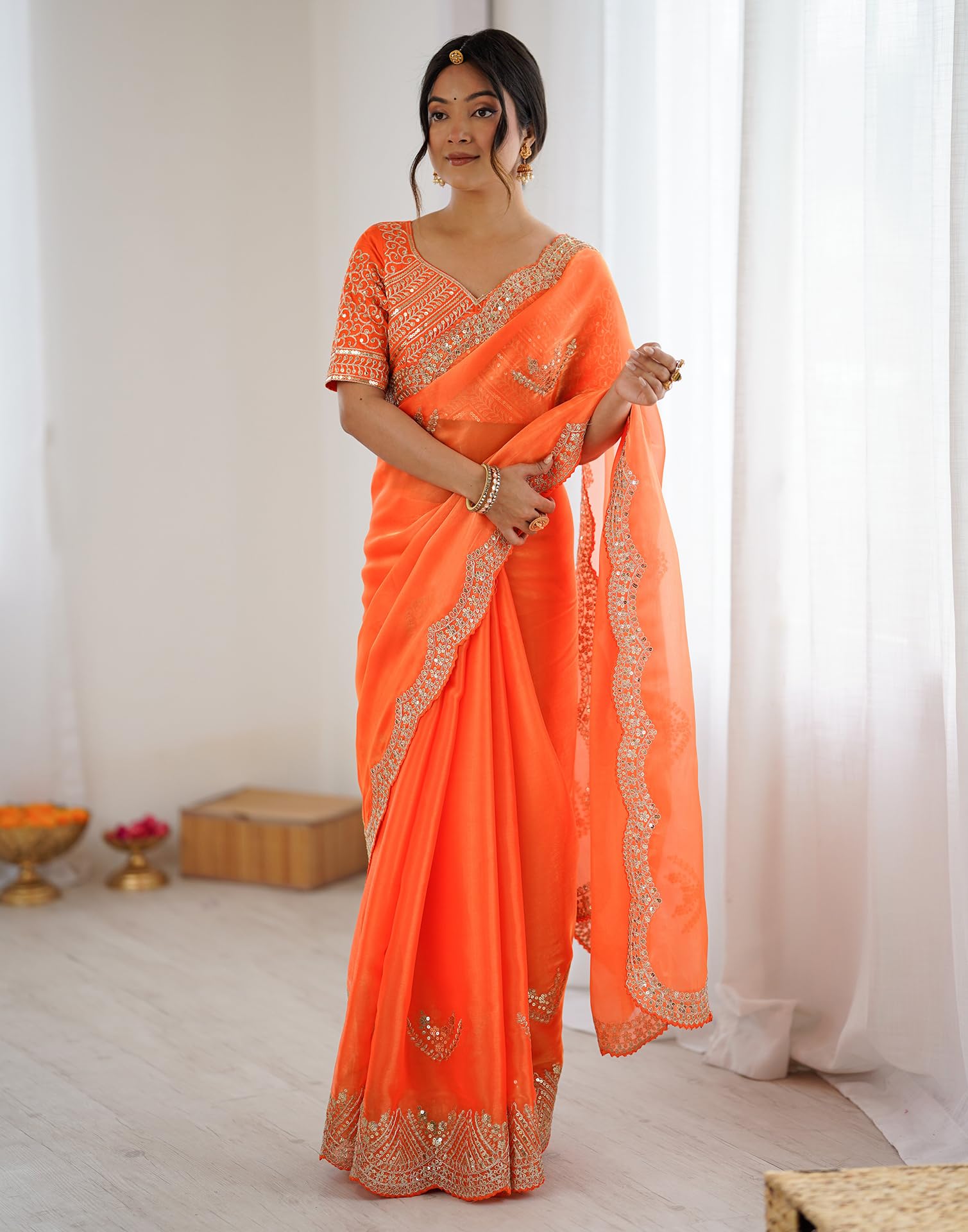 SIRIL Women's Tissue Soft Silk Embroidered Saree With Unstitched Blouse (4218S6640_Orange) - Image 3