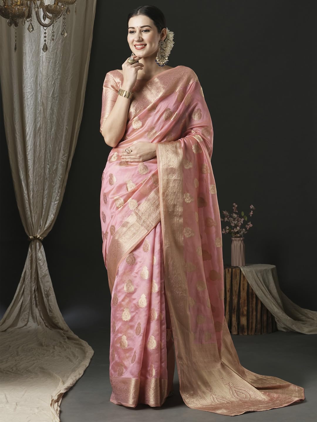 AKHILAM Women's Organza Ethnic Motif Woven Design Saree With Unstitched Blouse Piece(Pink_UNATI3004_AC) - Image 7