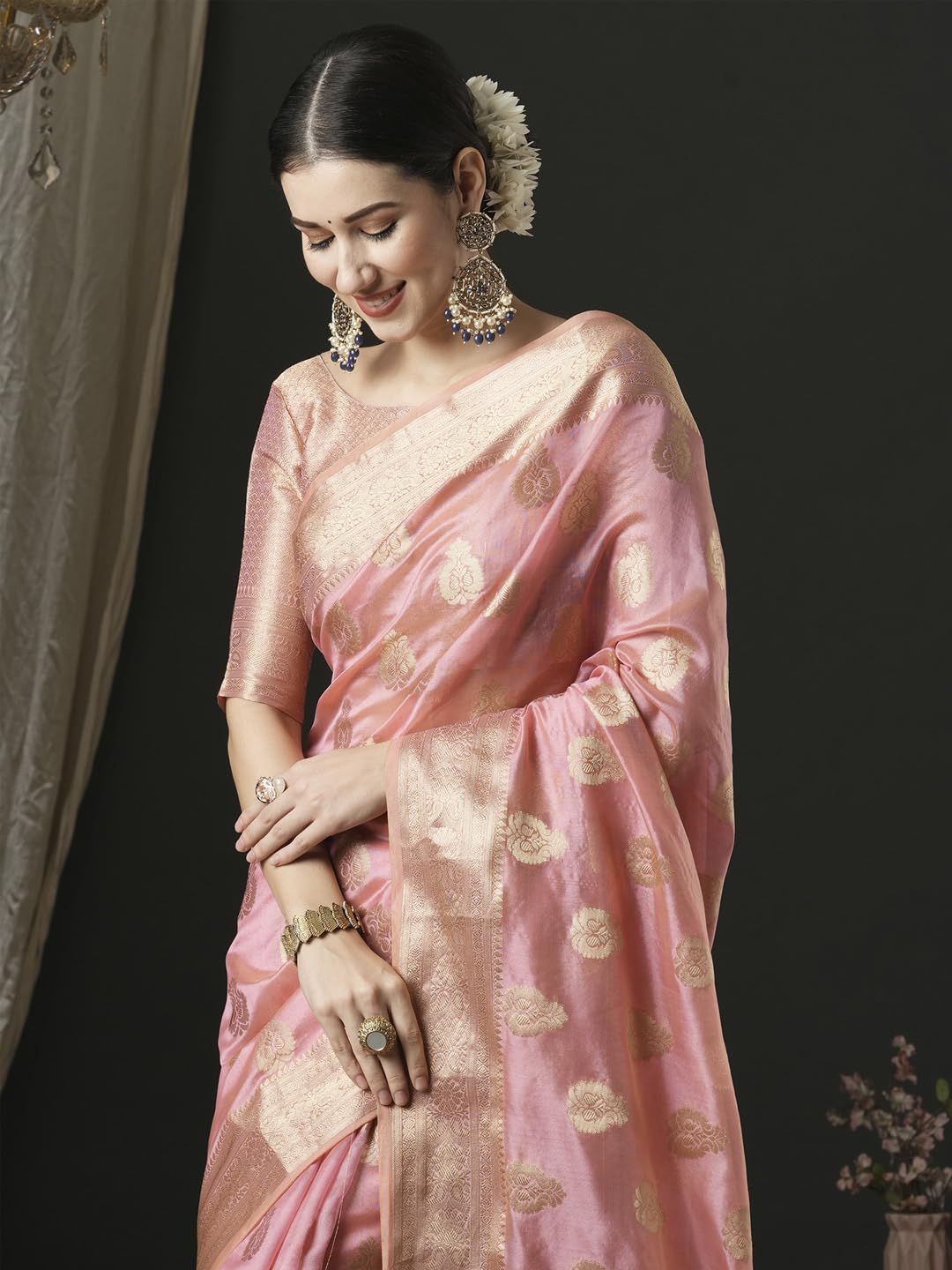 AKHILAM Women's Organza Ethnic Motif Woven Design Saree With Unstitched Blouse Piece(Pink_UNATI3004_AC) - Image 4