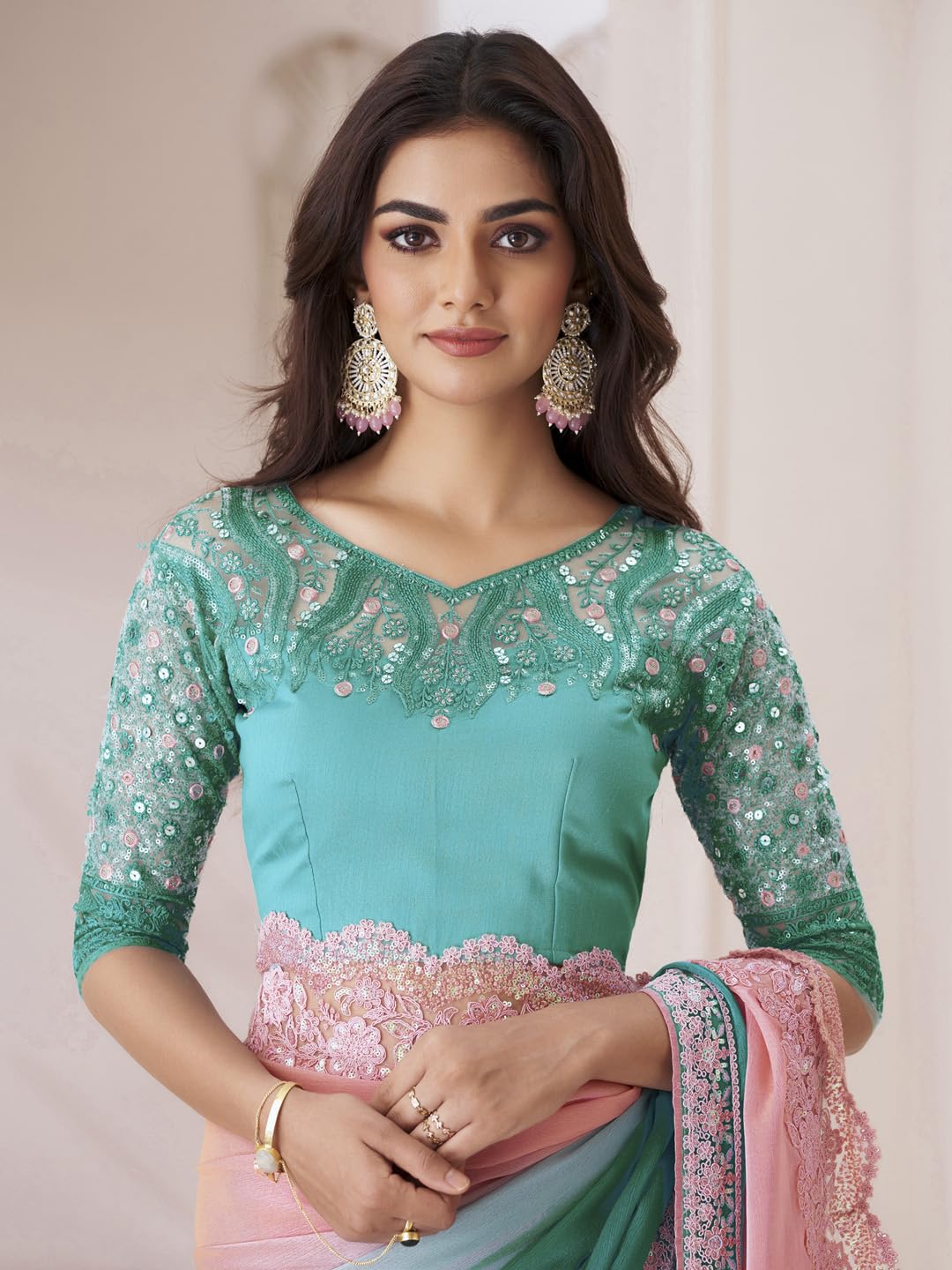 AKHILAM Women's Peach Pure Chiffon Embellished Saree With Unstitched Blouse (SNDLWOD1311_TFH) - Image 2