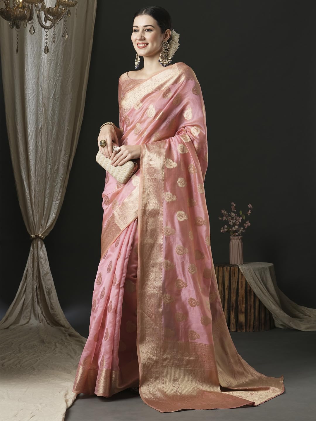 AKHILAM Women's Organza Ethnic Motif Woven Design Saree With Unstitched Blouse Piece(Pink_UNATI3004_AC) - Image 5