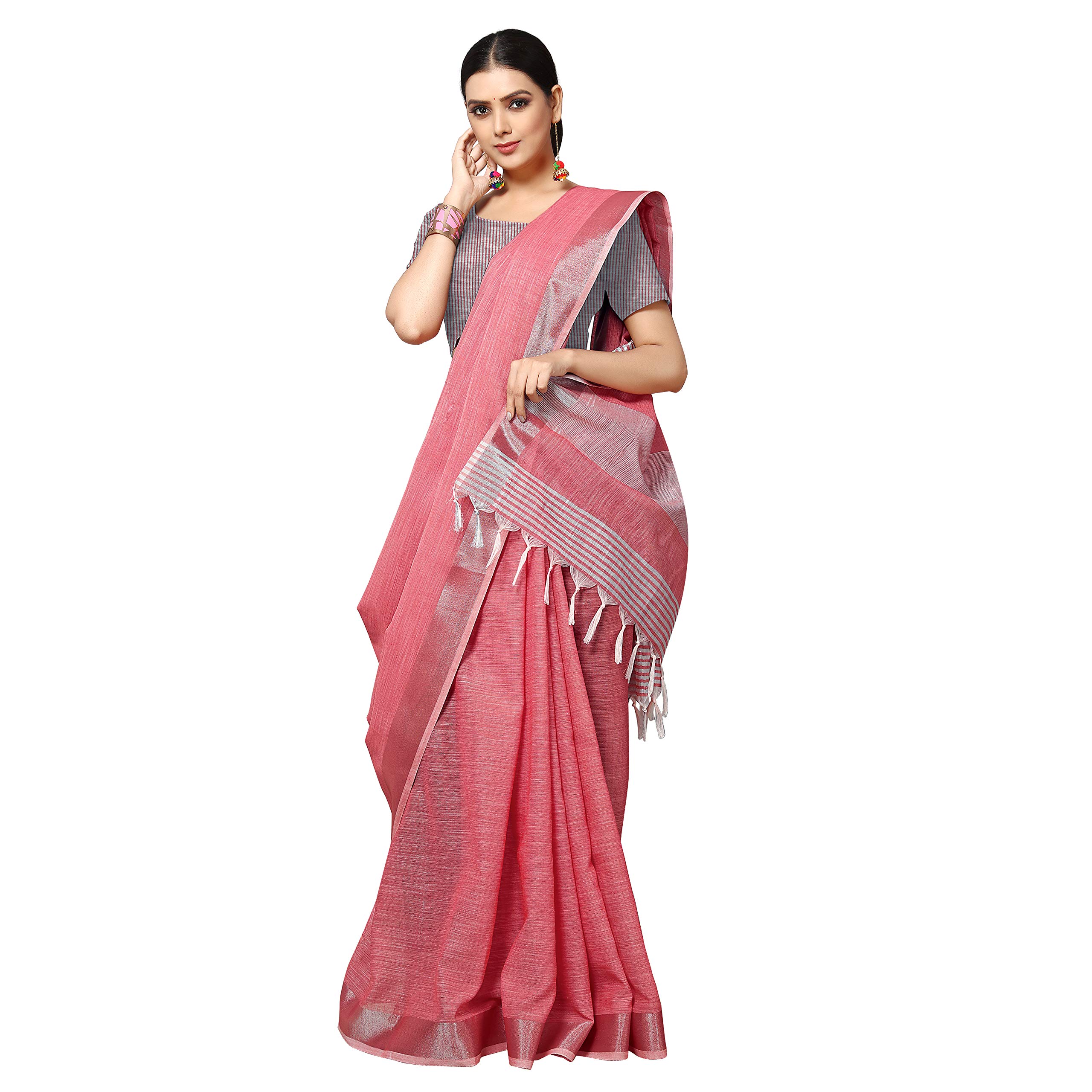 Rekha Maniyar Women's Jacquard Linen Saree With Unstitched Blouse Piece (DARKGAJARI) - Image 4