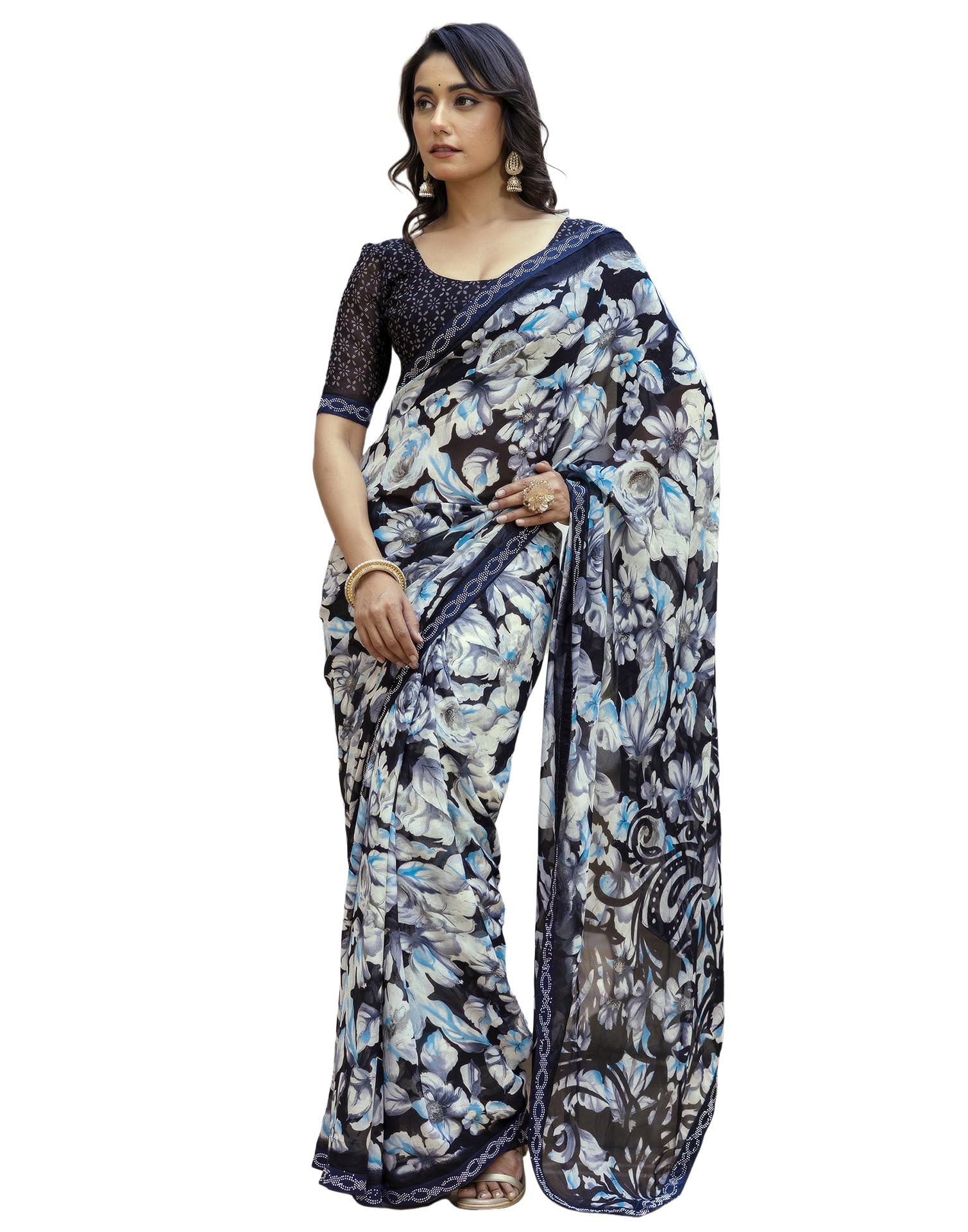 SIRIL Women's Georgette Printed Saree With Unstitched Blouse Piece (4288S3070_Black 2)