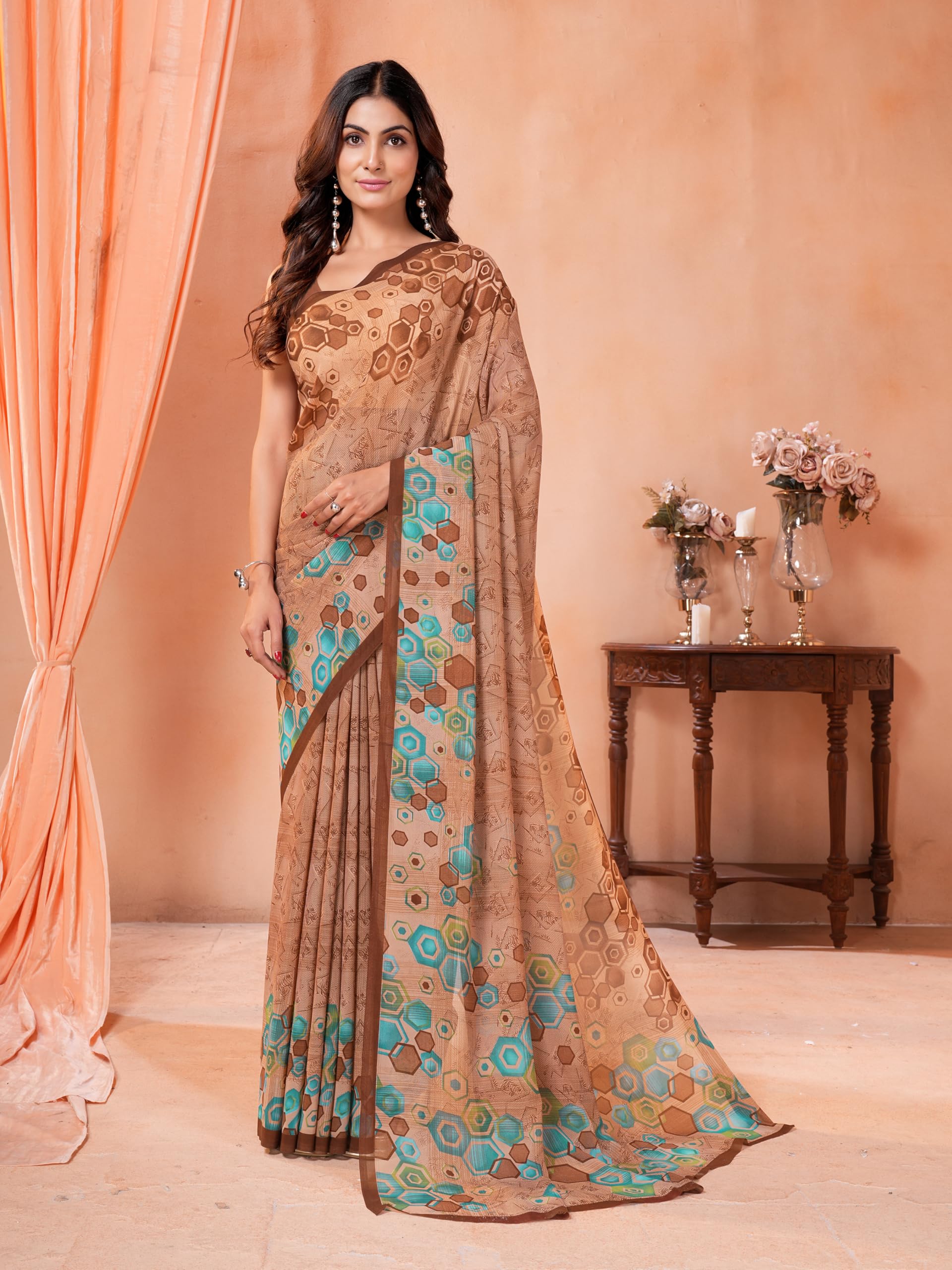 Garden Vareli Geometric Print Georgette Saree 88658 - Brown Green - Image 3