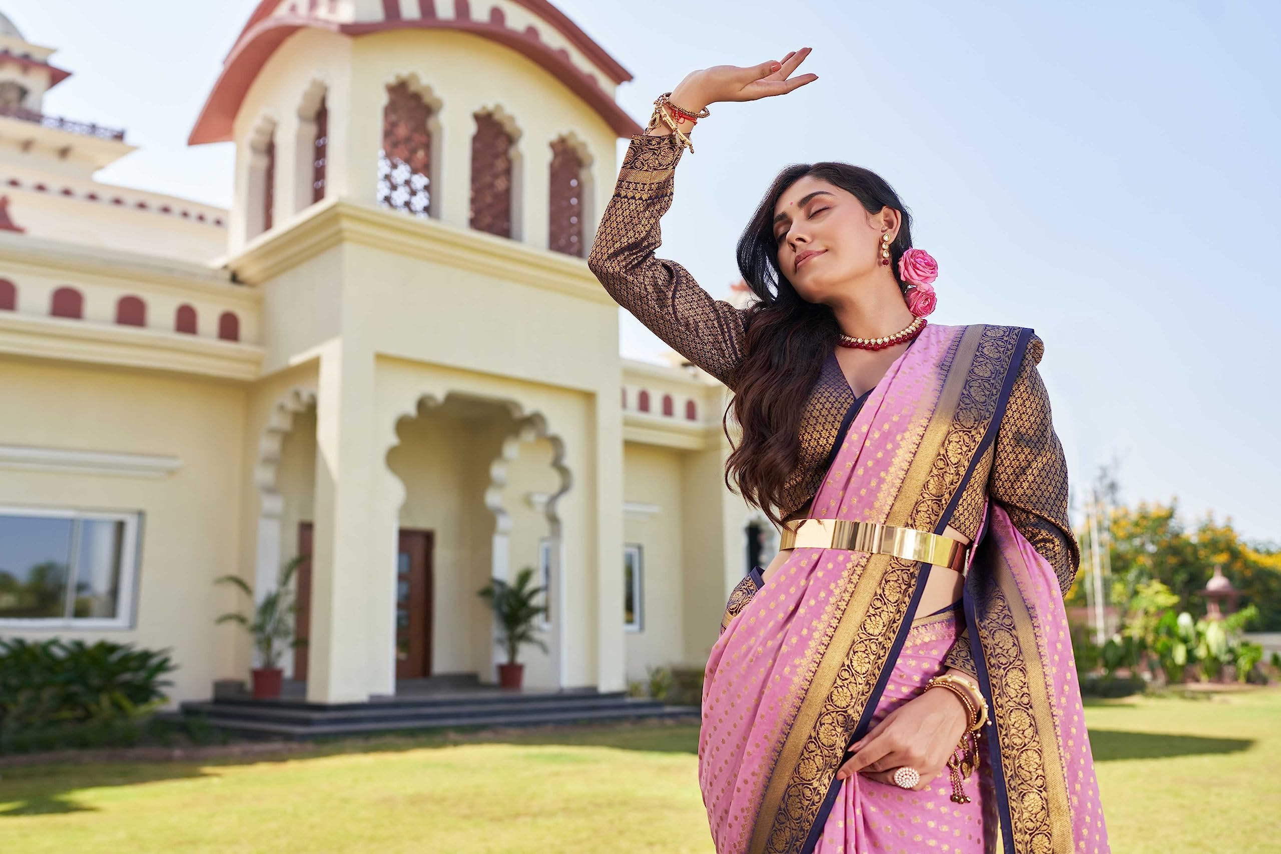 Vardha Women's Banarasi Georgette Saree with Unstitched Blouse Piece - Gold Zari Woven Work Sarees for Wedding (Mohini_658) - Image 6