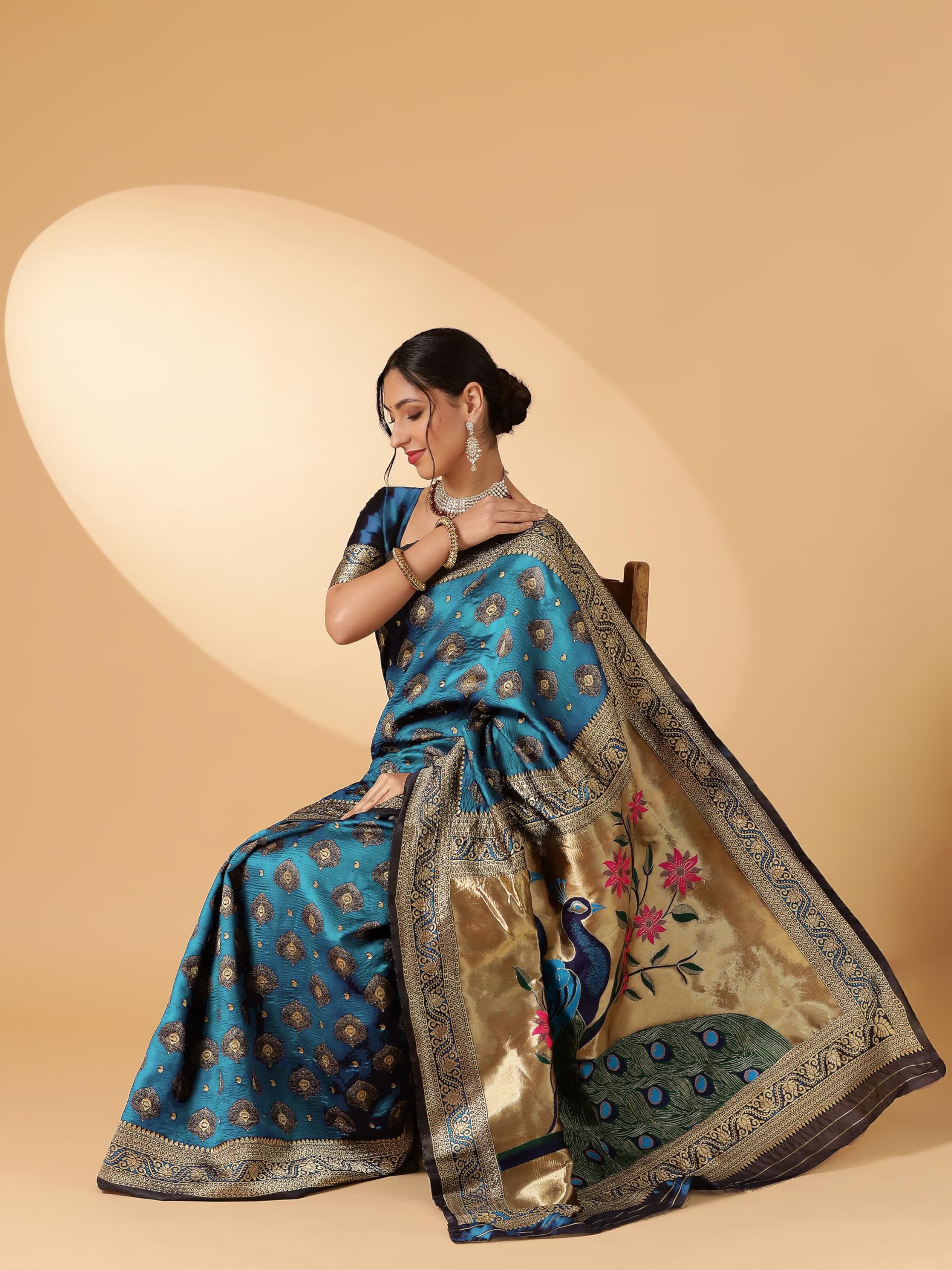 EthnicJunction Women's Paithani Silk Blend Woven Saree With Blouse Piece (Sky) - Image 4