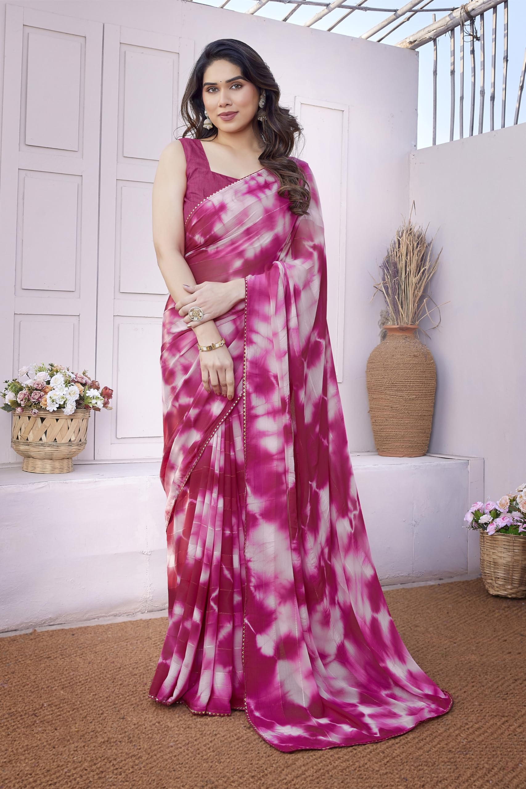 MIRCHI FASHION Women's Georgette Shibori Printed Saree with Blouse Piece (43582 - Dark Pink, Light Pink) - Image 7