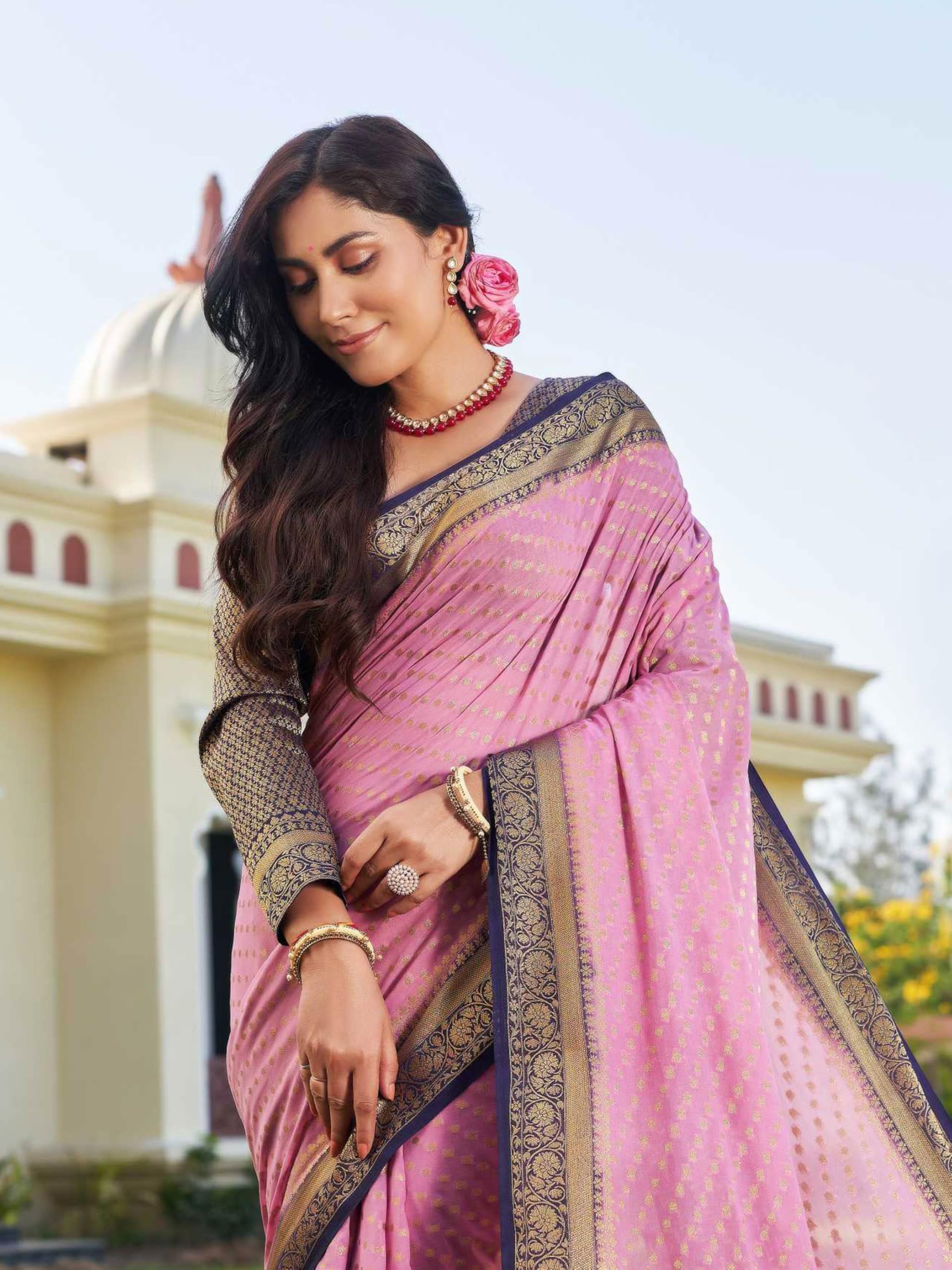 Vardha Women's Banarasi Georgette Saree with Unstitched Blouse Piece - Gold Zari Woven Work Sarees for Wedding (Mohini_658) - Image 4