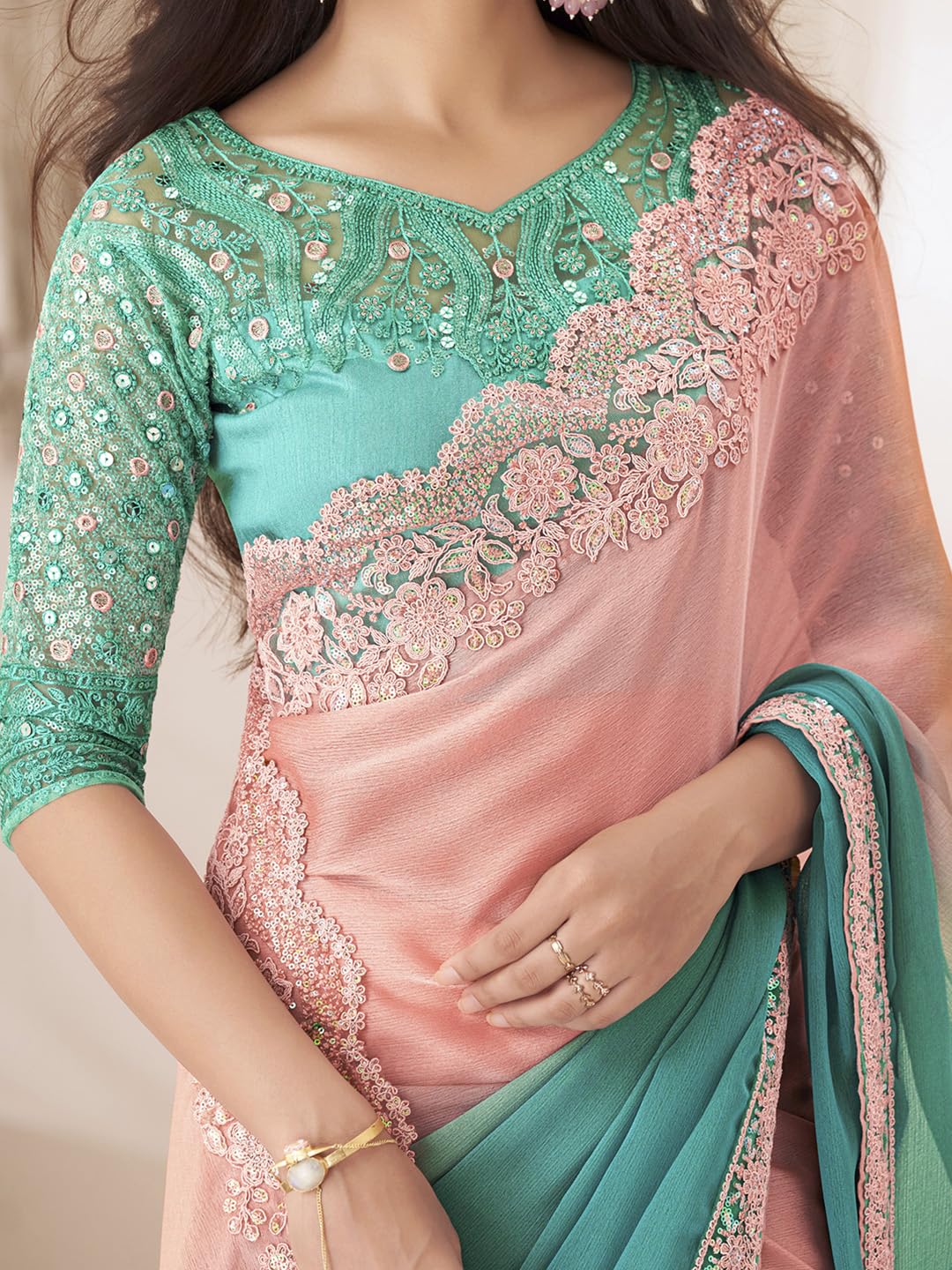 AKHILAM Women's Peach Pure Chiffon Embellished Saree With Unstitched Blouse (SNDLWOD1311_TFH) - Image 4