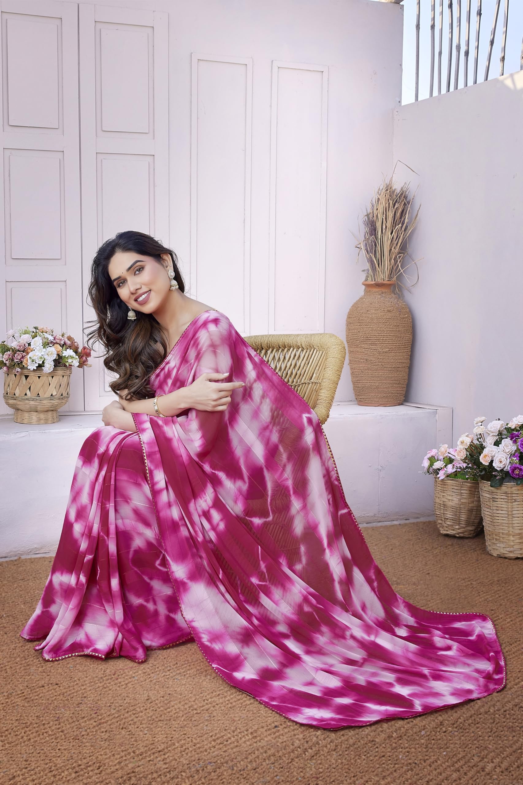 MIRCHI FASHION Women's Georgette Shibori Printed Saree with Blouse Piece (43582 - Dark Pink, Light Pink) - Image 6