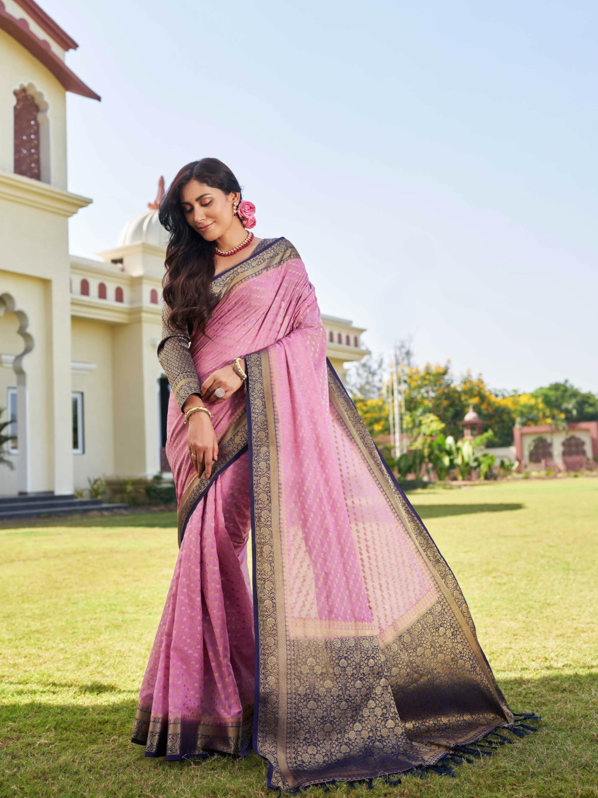 Vardha Women's Banarasi Georgette Saree with Unstitched Blouse Piece - Gold Zari Woven Work Sarees for Wedding (Mohini_658) - Image 5