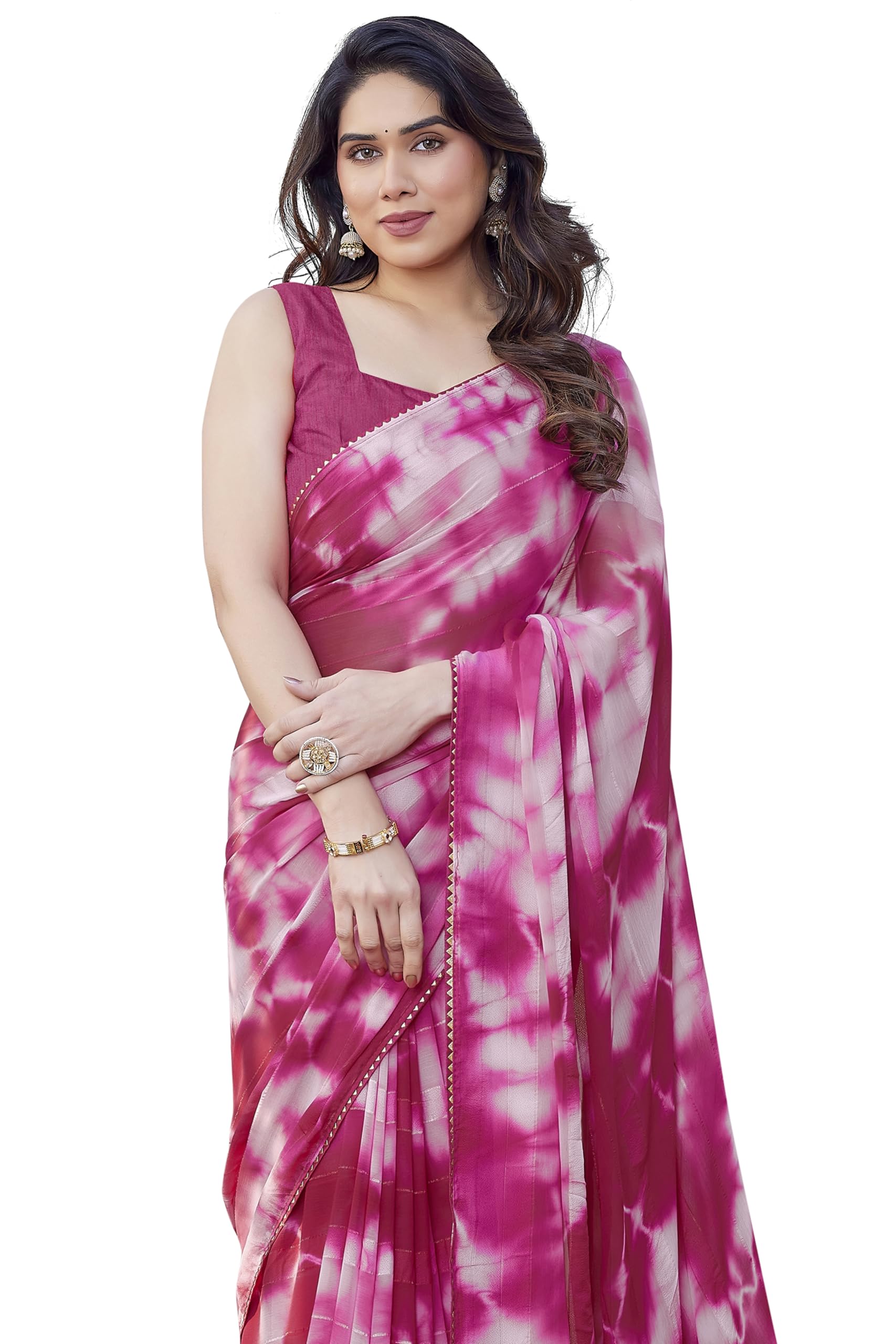 MIRCHI FASHION Women's Georgette Shibori Printed Saree with Blouse Piece (43582 - Dark Pink, Light Pink)