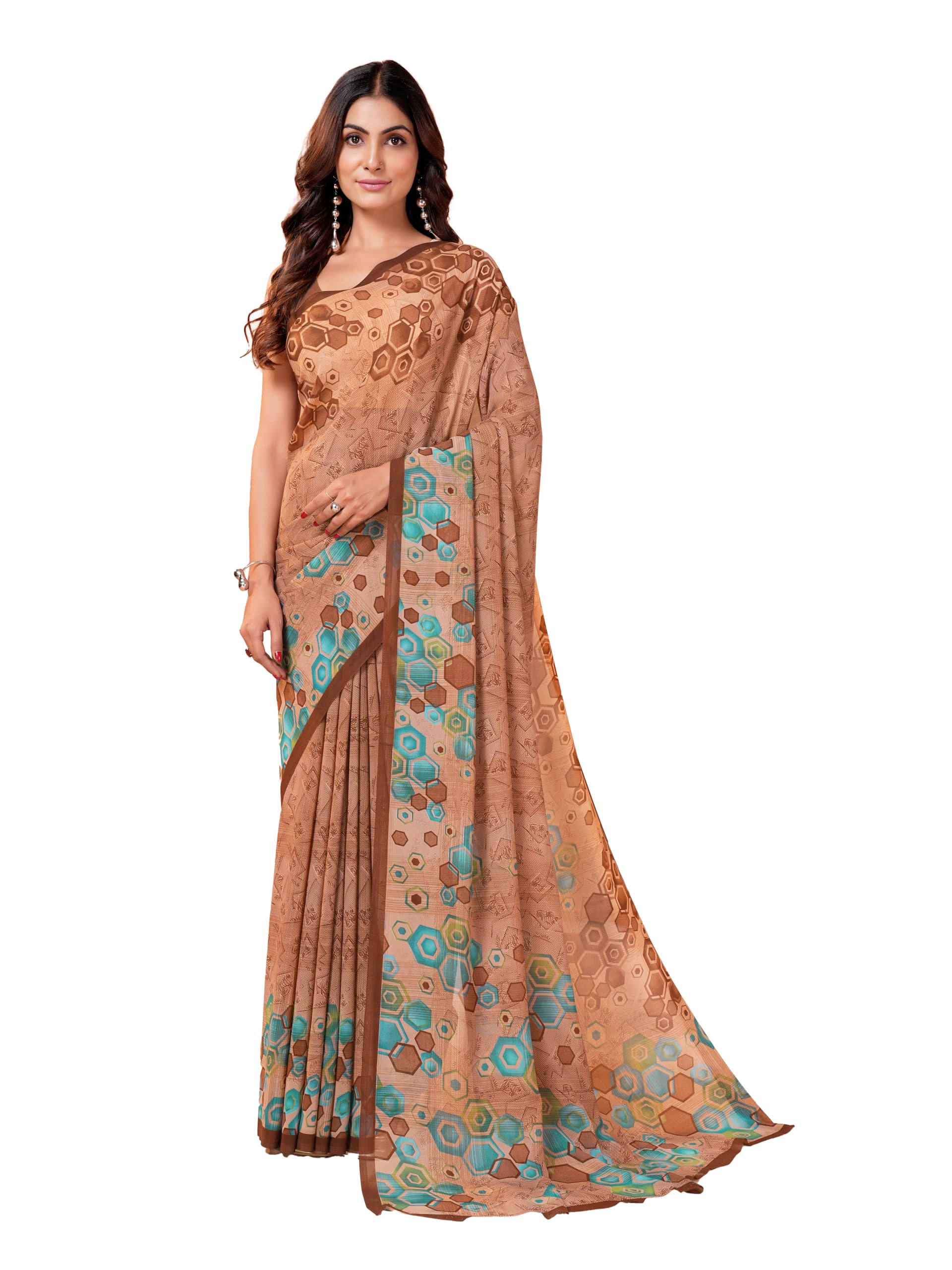 Garden Vareli Geometric Print Georgette Saree 88658 - Brown Green