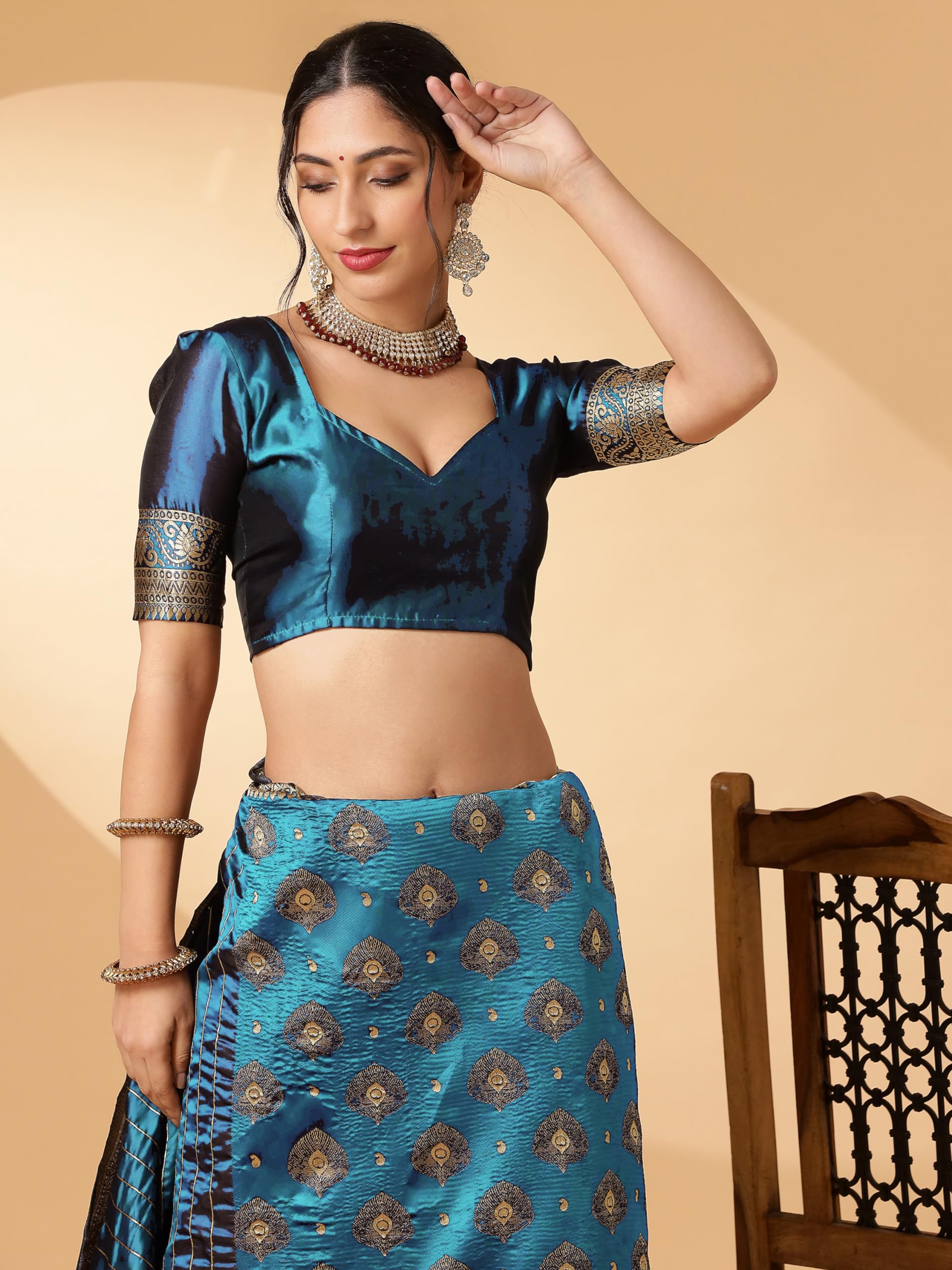 EthnicJunction Women's Paithani Silk Blend Woven Saree With Blouse Piece (Sky) - Image 2