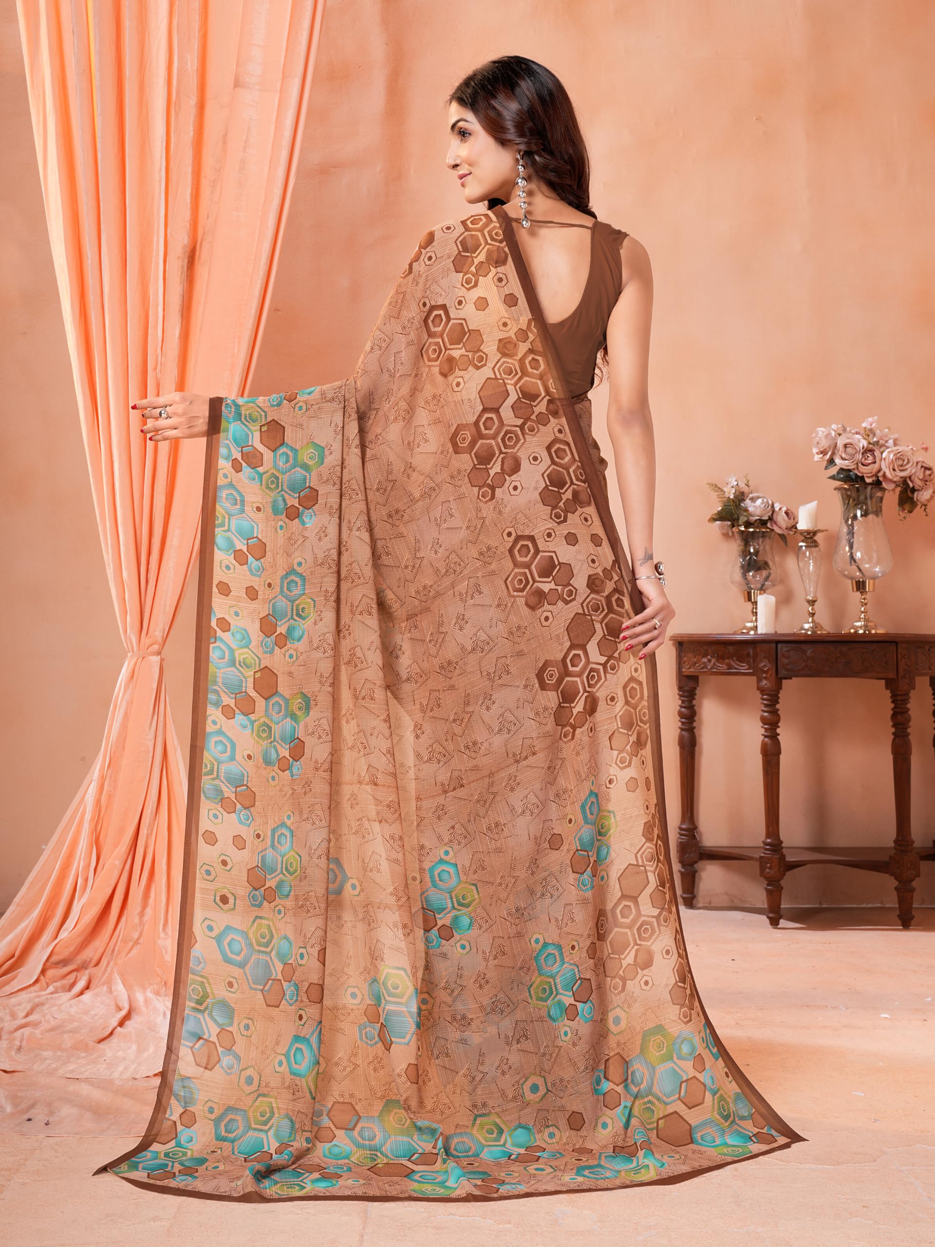 Garden Vareli Geometric Print Georgette Saree 88658 - Brown Green - Image 4