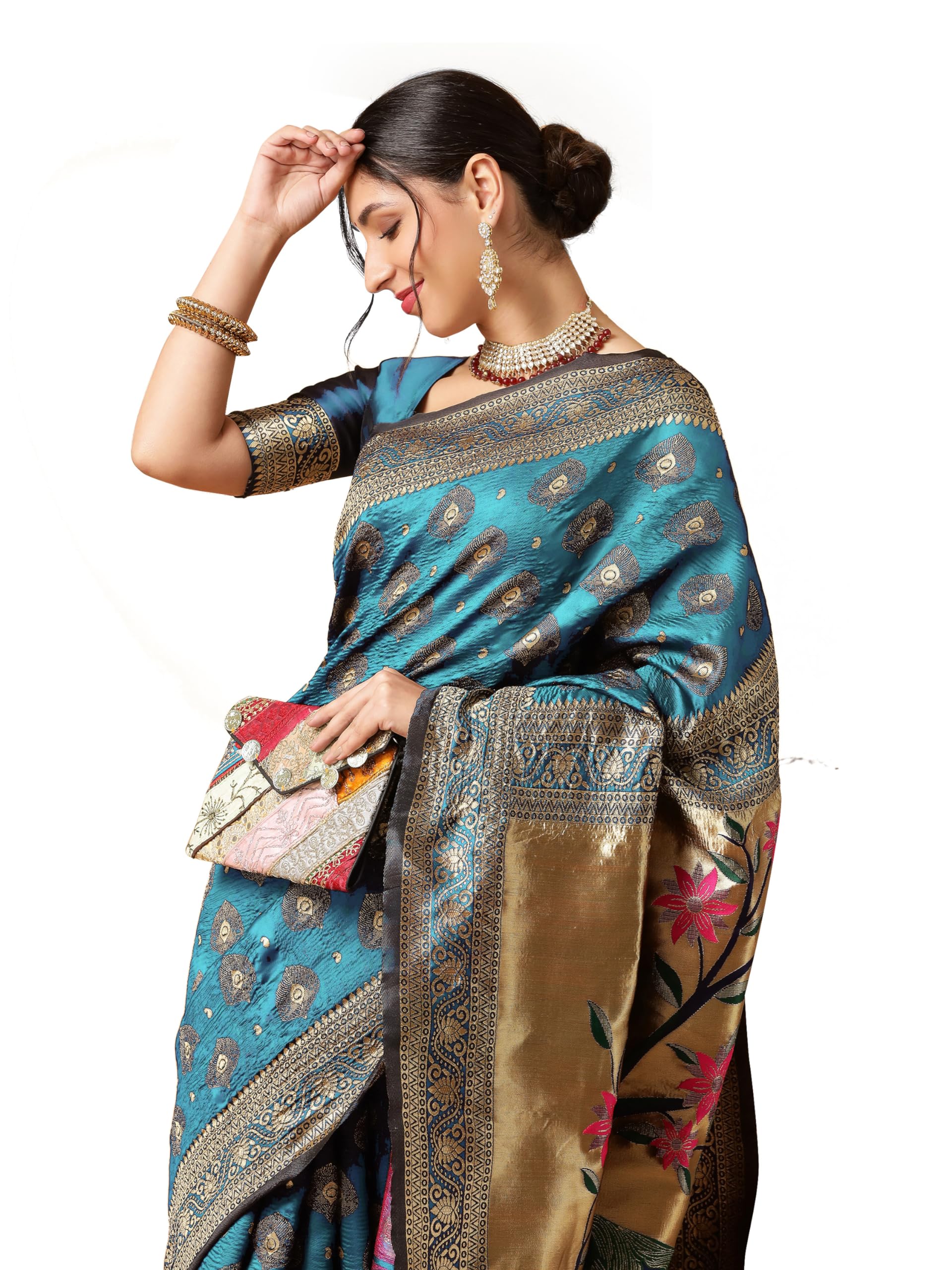 EthnicJunction Women's Paithani Silk Blend Woven Saree With Blouse Piece (Sky)