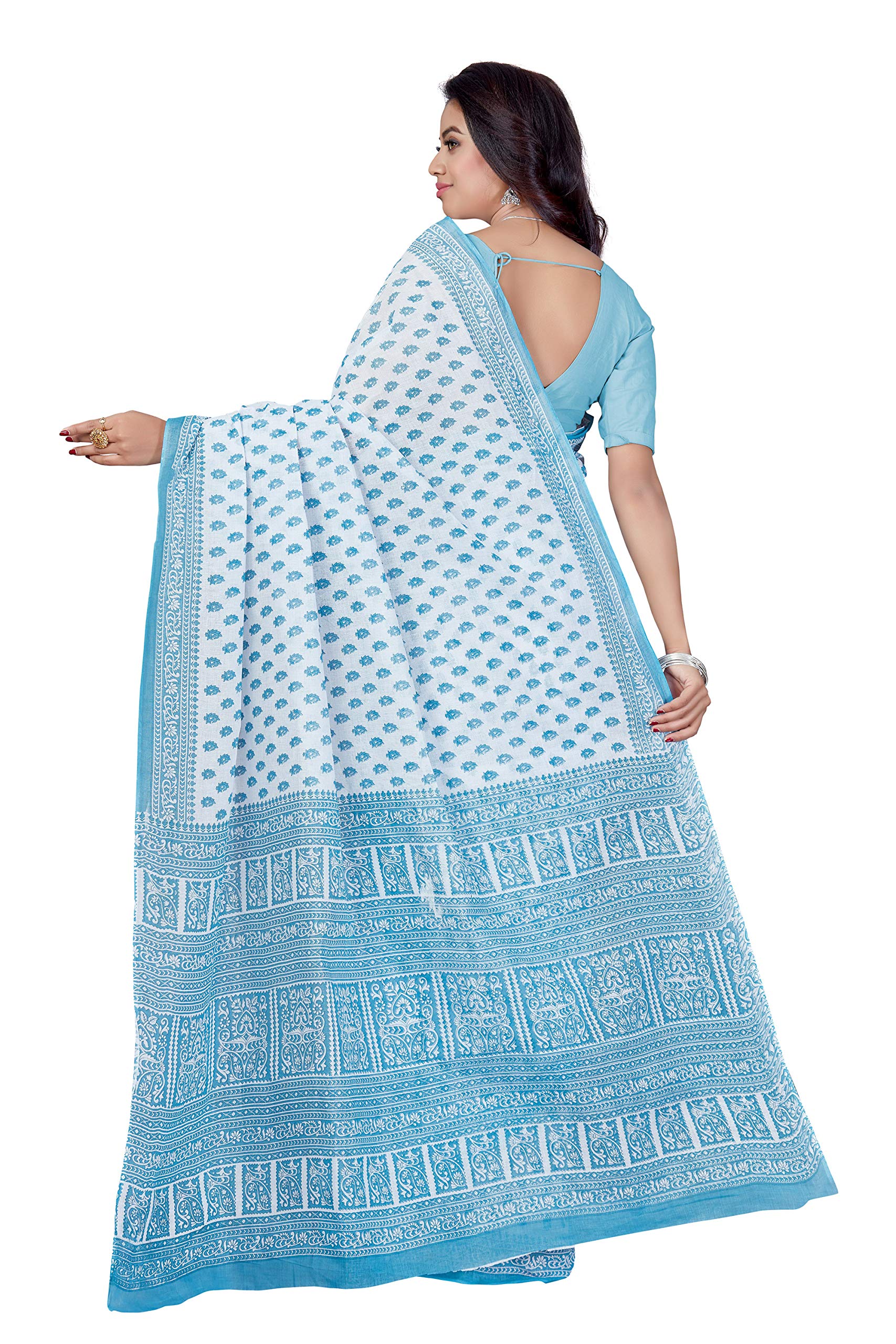 RANI SAAHIBA Women's Pure Cotton Printed Saree Without Blouse Piece (SKR5271_White-Blue) - Image 2