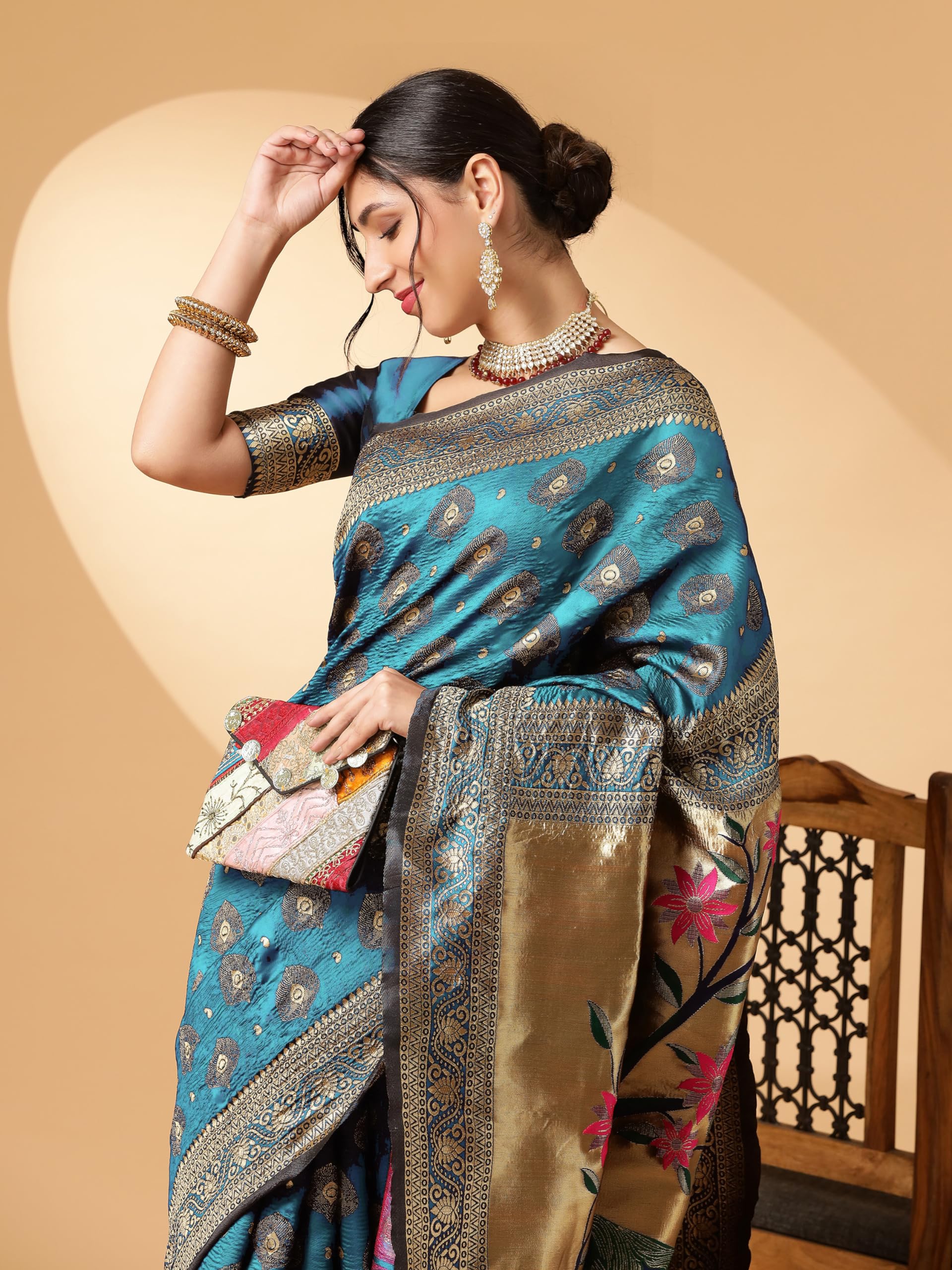 EthnicJunction Women's Paithani Silk Blend Woven Saree With Blouse Piece (Sky) - Image 6