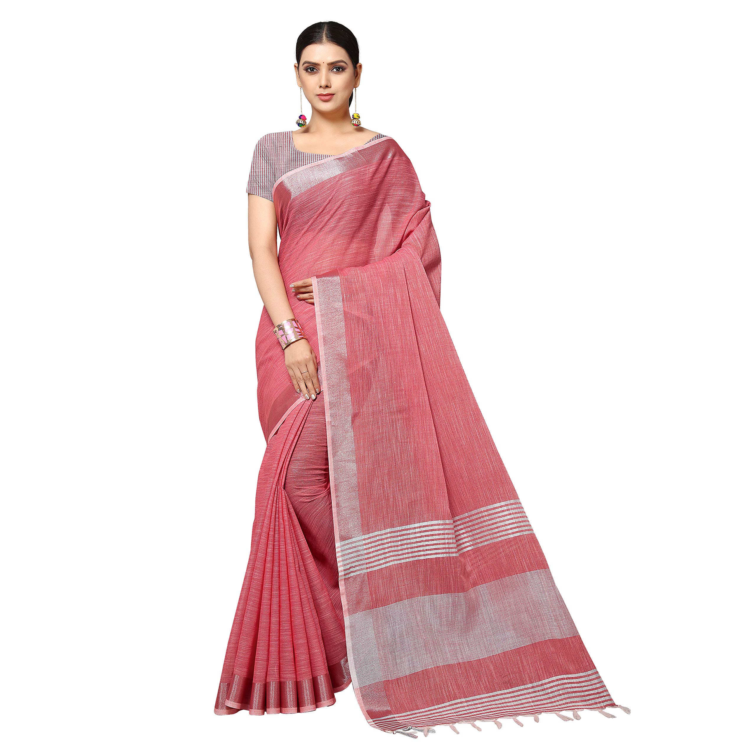 Rekha Maniyar Women's Jacquard Linen Saree With Unstitched Blouse Piece (DARKGAJARI)