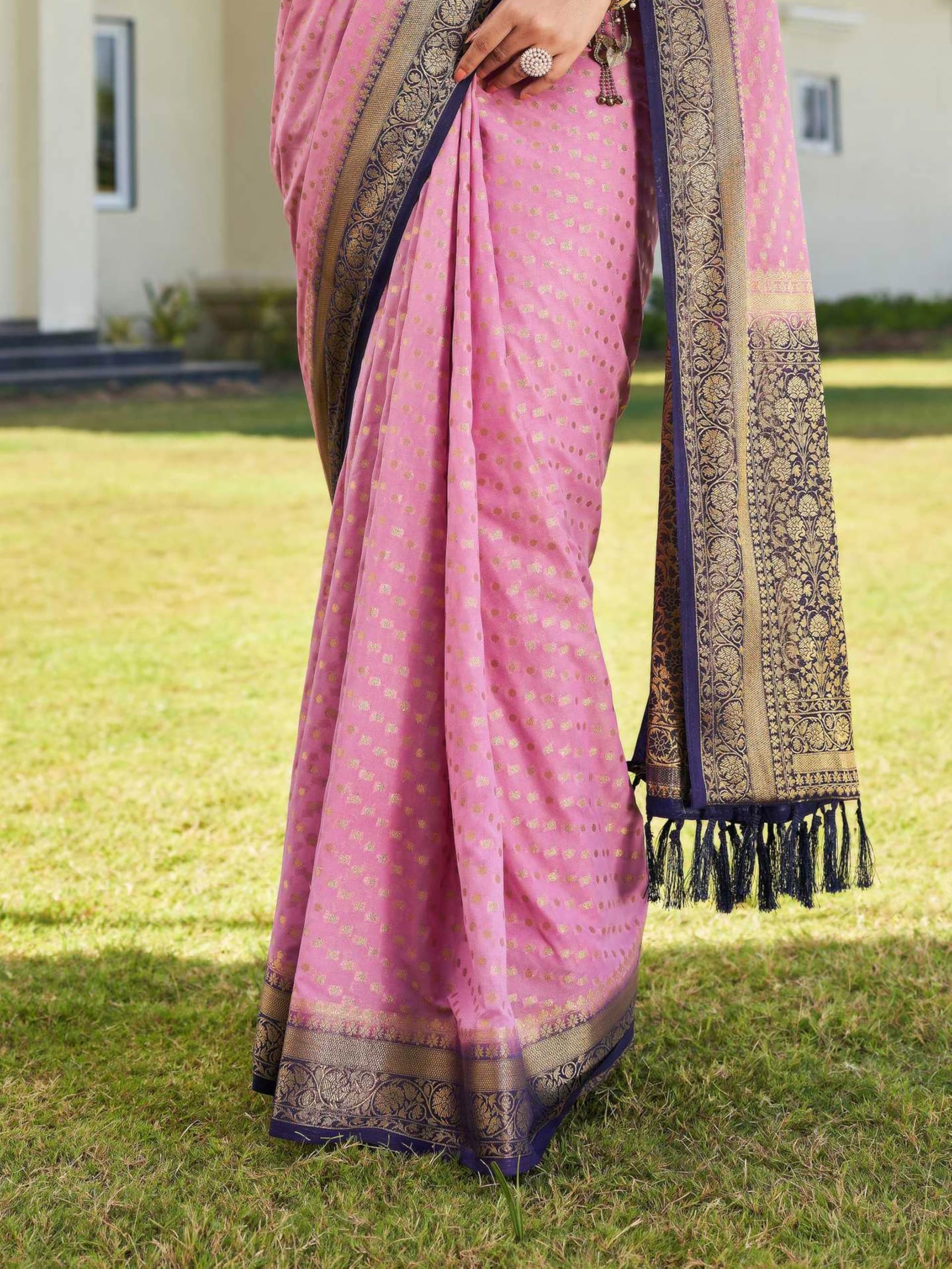 Vardha Women's Banarasi Georgette Saree with Unstitched Blouse Piece - Gold Zari Woven Work Sarees for Wedding (Mohini_658) - Image 2