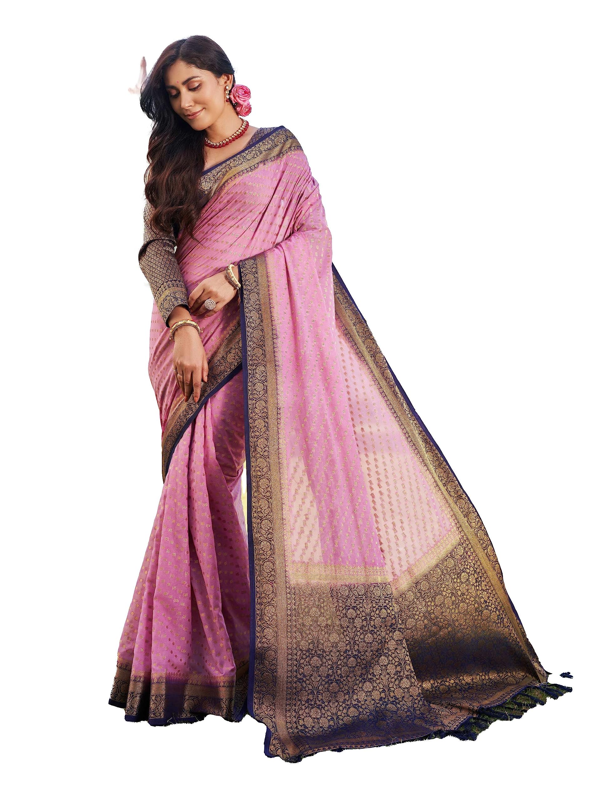 Vardha Women's Banarasi Georgette Saree with Unstitched Blouse Piece - Gold Zari Woven Work Sarees for Wedding (Mohini_658)