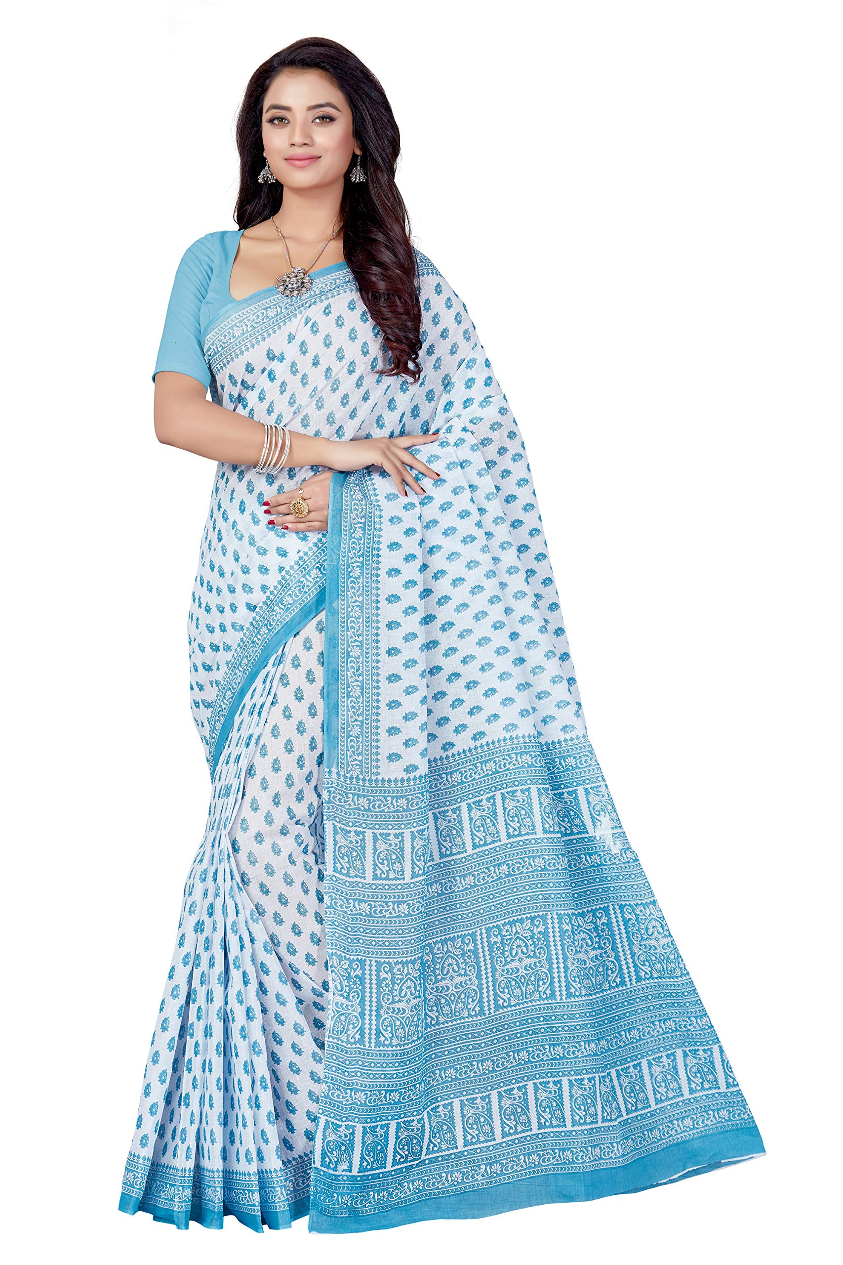RANI SAAHIBA Women's Pure Cotton Printed Saree Without Blouse Piece (SKR5271_White-Blue)