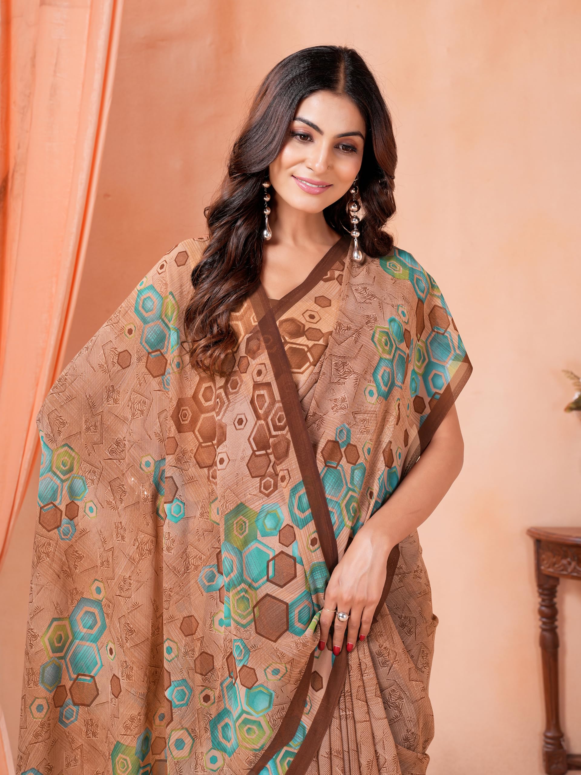 Garden Vareli Geometric Print Georgette Saree 88658 - Brown Green - Image 5